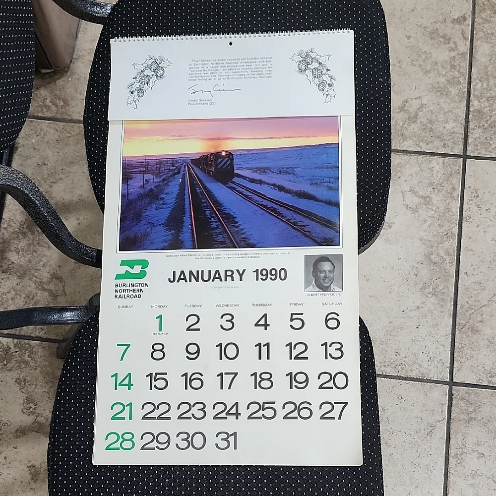 VINTAGE 1990 BURLINGTON NORTHERN RAILROAD 12-MONTH WALL CALENDAR
